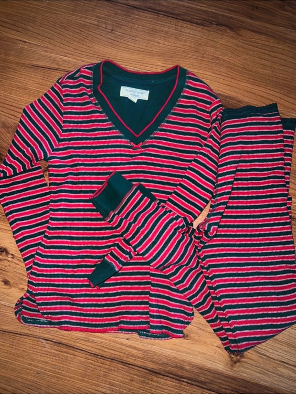 Vintage Victoria’s Secret Red & Green Striped Thermal Pajama Set Size Small